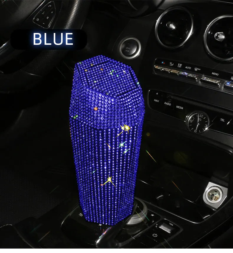 Bling Diamond Car Trash Can with Lid Portable Vehicle Garbage Can Bin Leakproof Auto Accessories for Car Office Home Bedroom