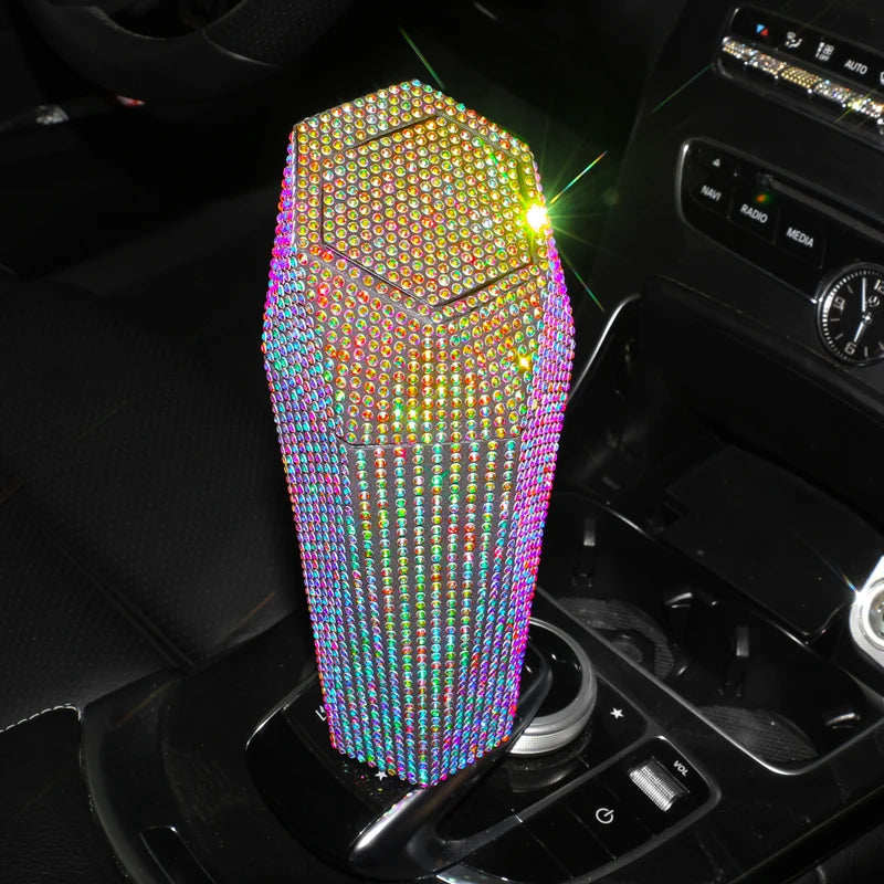 Bling Diamond Car Trash Can with Lid Portable Vehicle Garbage Can Bin Leakproof Auto Accessories for Car Office Home Bedroom