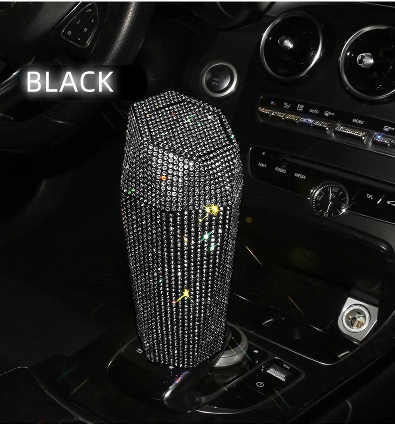 Bling Diamond Car Trash Can with Lid Portable Vehicle Garbage Can Bin Leakproof Auto Accessories for Car Office Home Bedroom