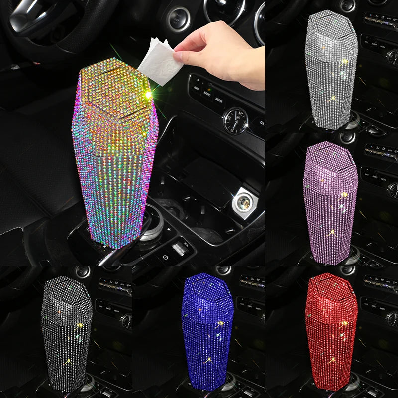 Bling Diamond Car Trash Can with Lid Portable Vehicle Garbage Can Bin Leakproof Auto Accessories for Car Office Home Bedroom