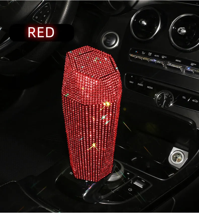 Bling Diamond Car Trash Can with Lid Portable Vehicle Garbage Can Bin Leakproof Auto Accessories for Car Office Home Bedroom