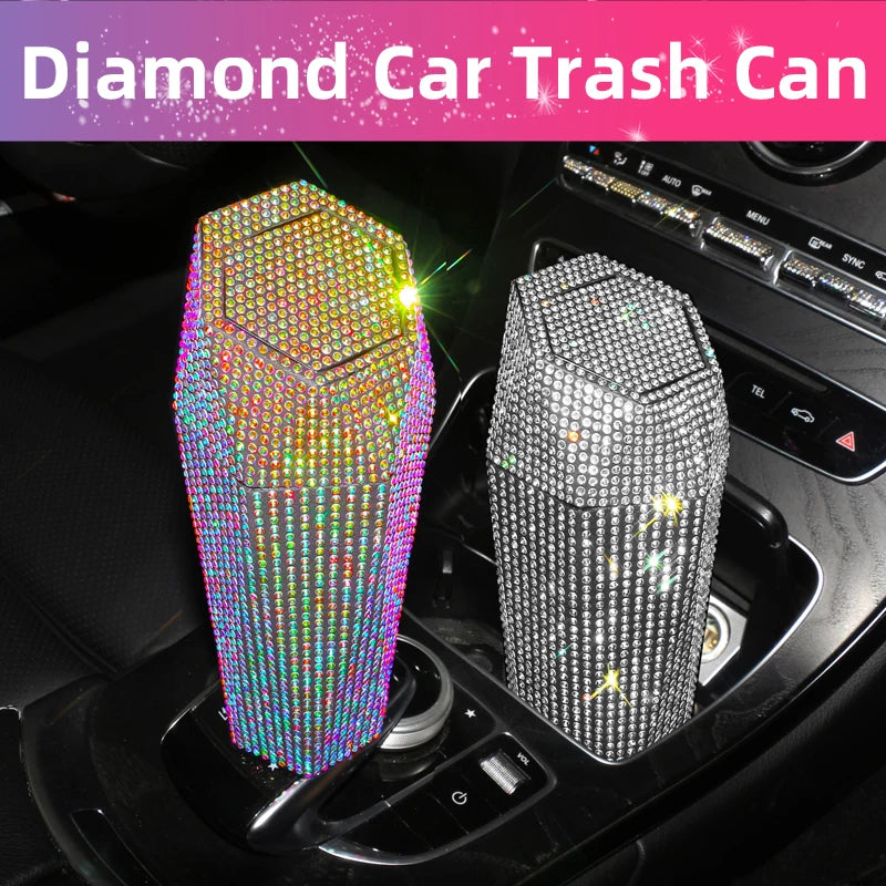 Bling Diamond Car Trash Can with Lid Portable Vehicle Garbage Can Bin Leakproof Auto Accessories for Car Office Home Bedroom