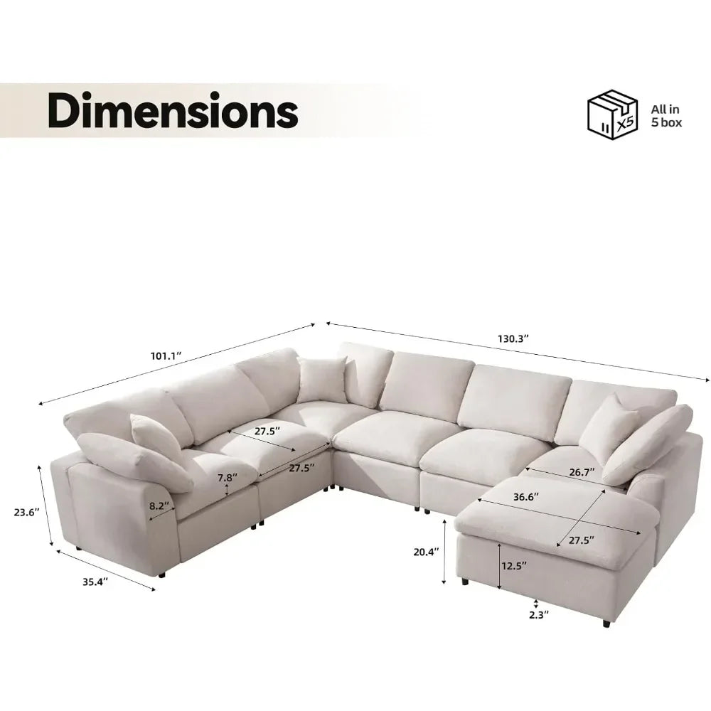 Modular Sectional Oversized Sofa with Movable Ottoman, Seats 7