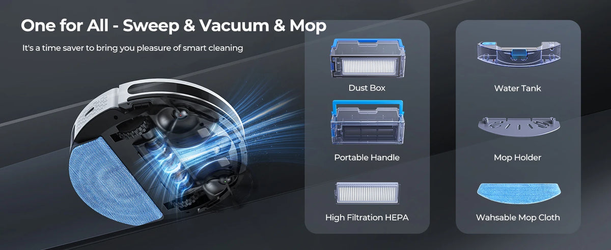 Aspirateur robot et serpillère Laresar 3s, 5000Pa, contrôle par application sans fil, cartographie intelligente planifiée, nettoyage des sols de la maison, des tapis et des poils d'animaux