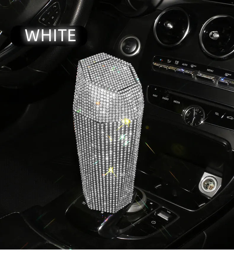 Bling Diamond Car Trash Can with Lid Portable Vehicle Garbage Can Bin Leakproof Auto Accessories for Car Office Home Bedroom