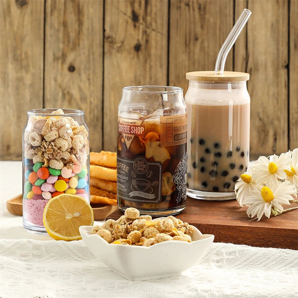 Glass Transparent Cup with Lid and Straw