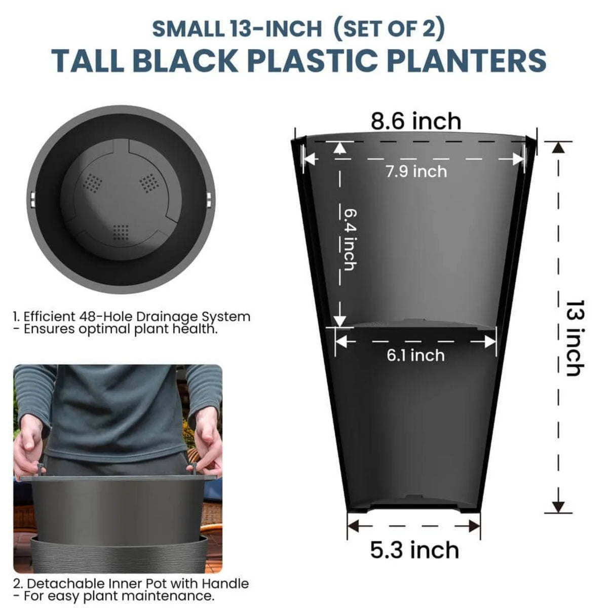 US Large and Tall 29 in. H Round Charcoal Black Plastic Planter Pots, Set of 2