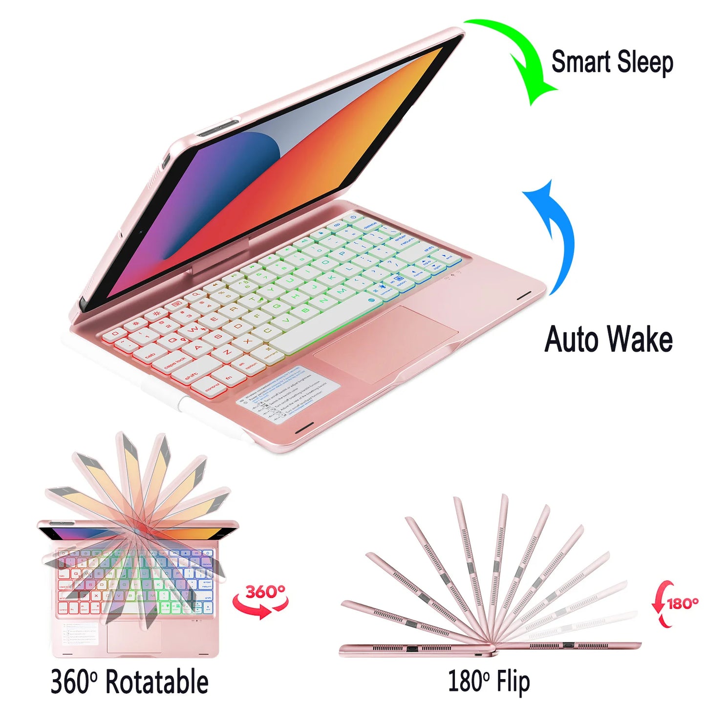 Rotatable Backlit Keyboard for iPad Touchpad Multi-color Rainbow Light Keypad Stand Case