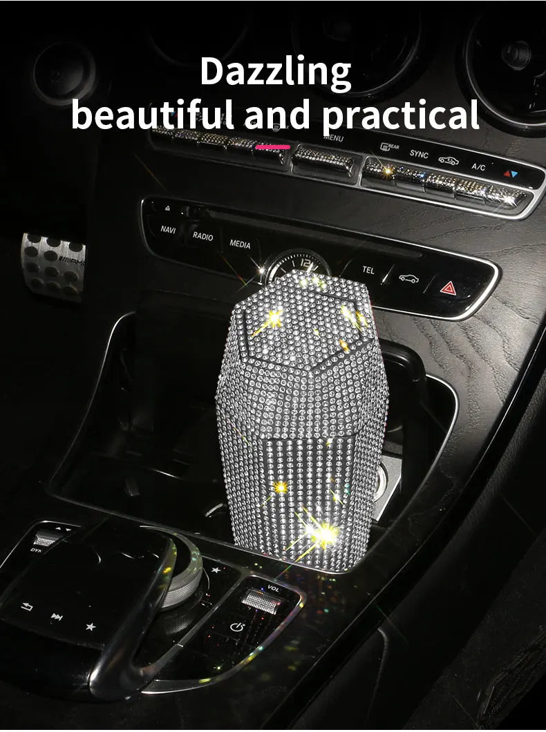 Bling Diamond Car Trash Can with Lid Portable Vehicle Garbage Can Bin Leakproof Auto Accessories for Car Office Home Bedroom