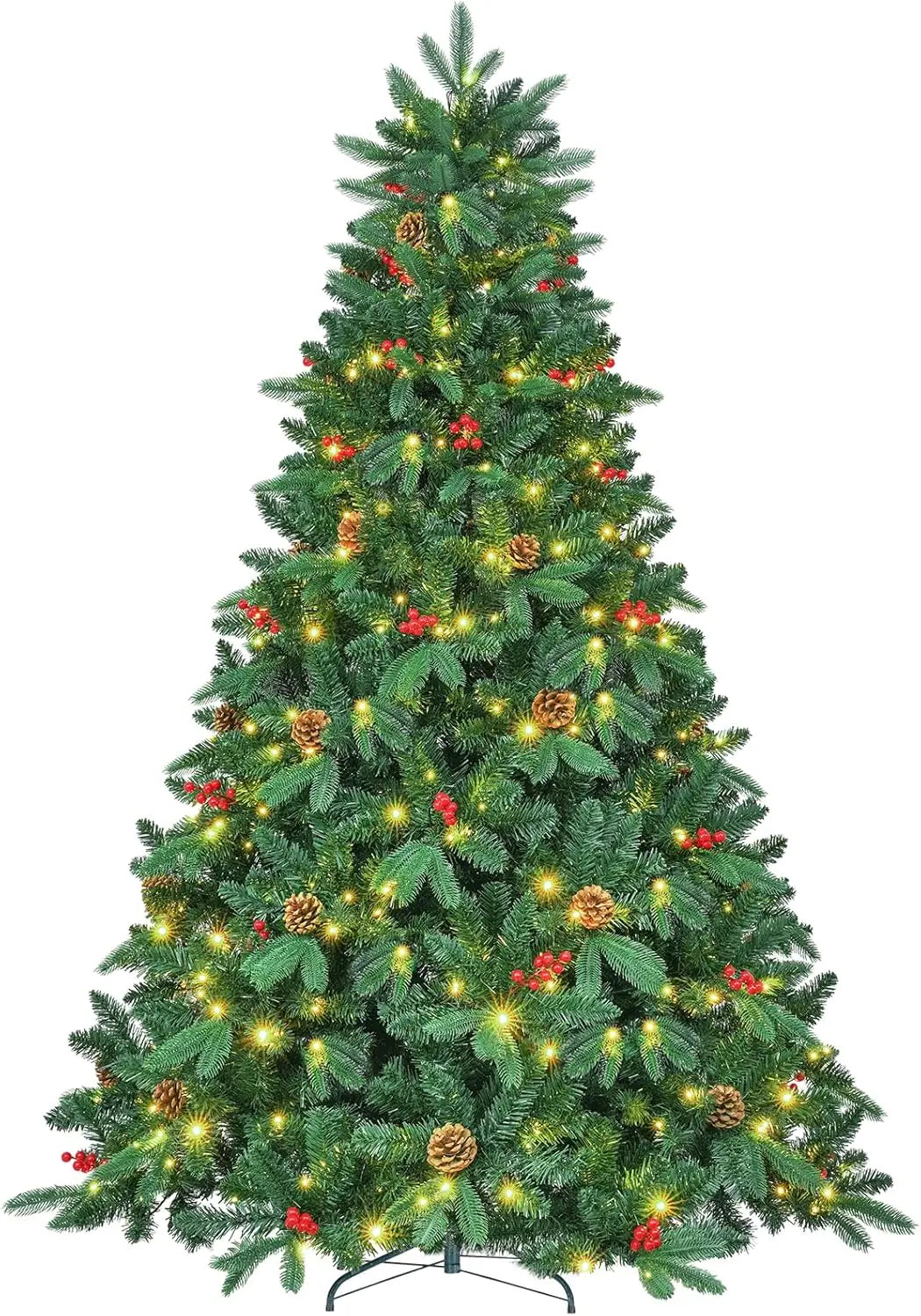 8ft Pre-Lit/Pre-Decorated Christmas Tree, Spruce Tree, w/1450 Branches, 47Pine Cones