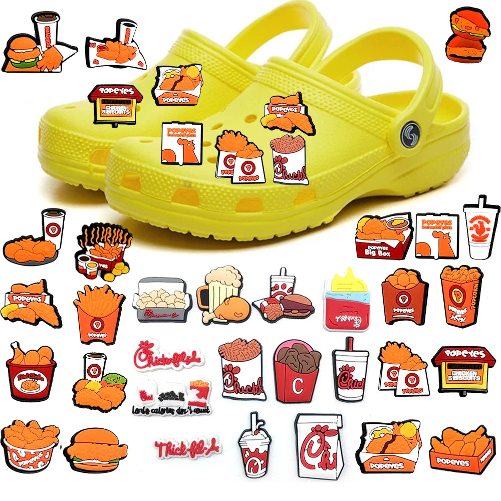 Cute 1pcs Cartoon Food Fried Chicken DIY Shoe charms Funny Accessories Buckle Clogs Sandals Pins Decorate Kids Adult Party Gifts