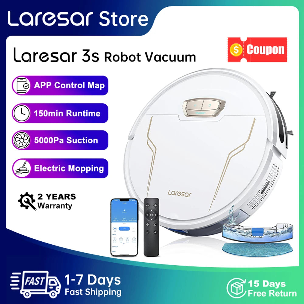 Aspirateur robot et serpillère Laresar 3s, 5000Pa, contrôle par application sans fil, cartographie intelligente planifiée, nettoyage des sols de la maison, des tapis et des poils d'animaux