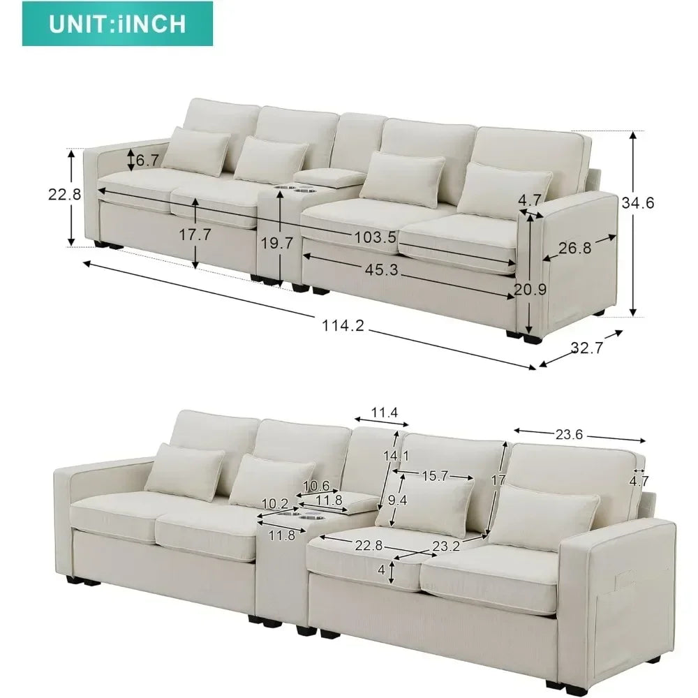 Upholstered Sofa with Console, Holders and USB Ports