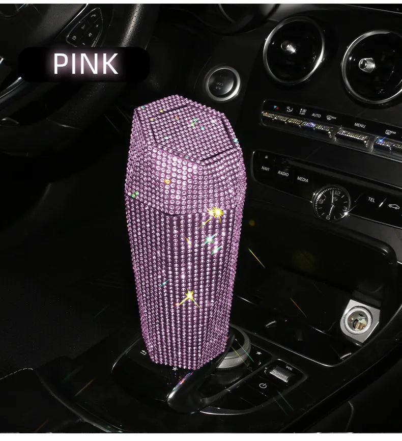 Bling Diamond Car Trash Can with Lid Portable Vehicle Garbage Can Bin Leakproof Auto Accessories for Car Office Home Bedroom