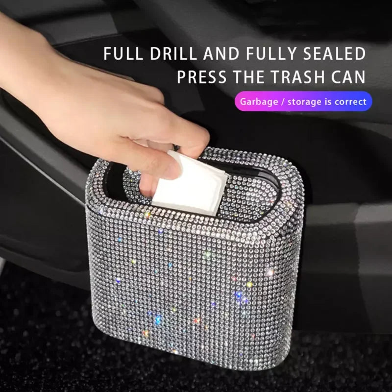 Luxury Trash Can Bin Car Storage Garbage Grabber Bling Diamond Square Pressing Car Trash Bin Car Interior Accessories