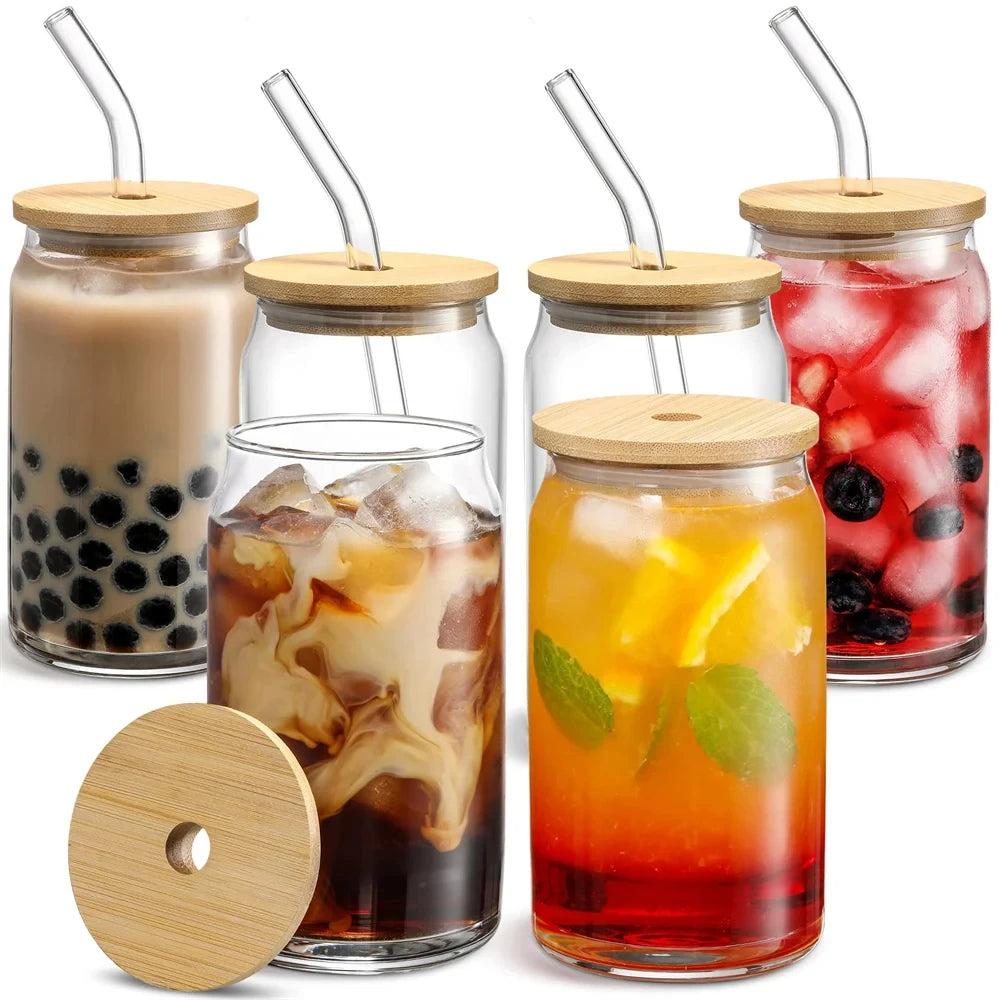 Glass Transparent Cup with Lid and Straw