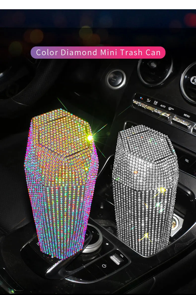 Bling Diamond Car Trash Can with Lid Portable Vehicle Garbage Can Bin Leakproof Auto Accessories for Car Office Home Bedroom