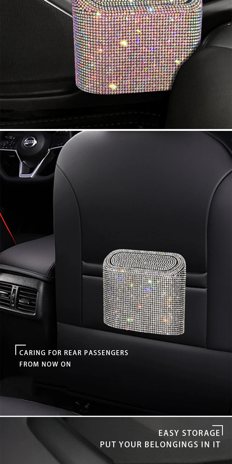 Luxury Trash Can Bin Car Storage Garbage Grabber Bling Diamond Square Pressing Car Trash Bin Car Interior Accessories