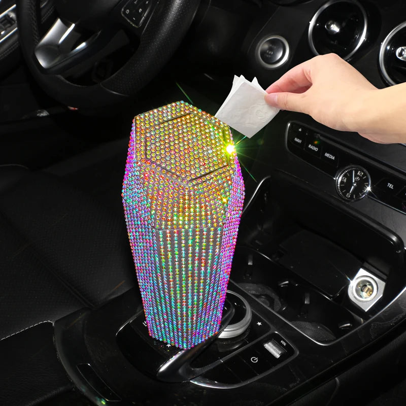 Bling Diamond Car Trash Can with Lid Portable Vehicle Garbage Can Bin Leakproof Auto Accessories for Car Office Home Bedroom