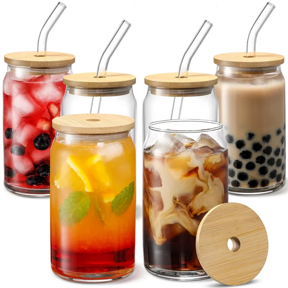 Glass Transparent Cup with Lid and Straw