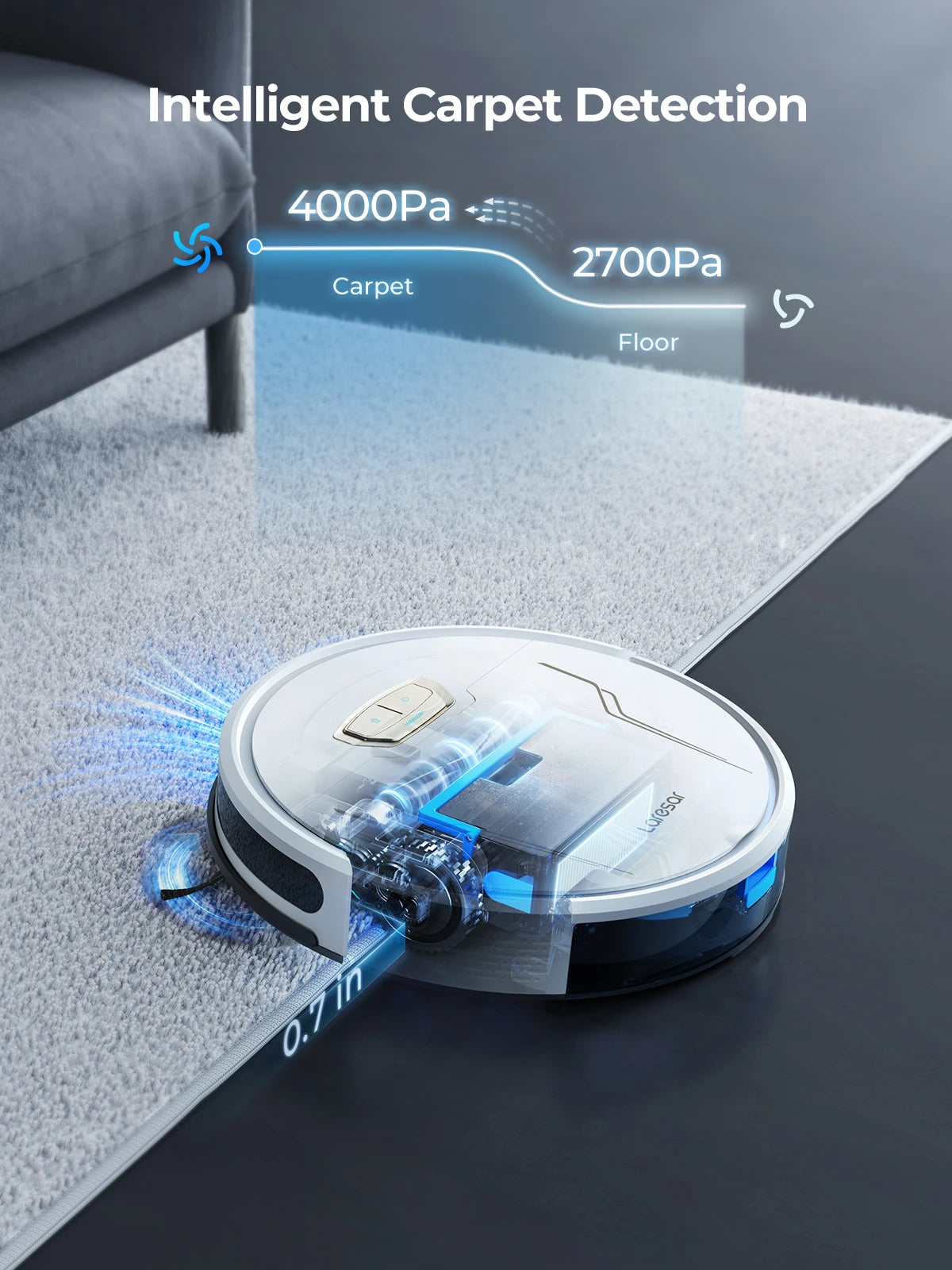 Aspirateur robot et serpillère Laresar 3s, 5000Pa, contrôle par application sans fil, cartographie intelligente planifiée, nettoyage des sols de la maison, des tapis et des poils d'animaux