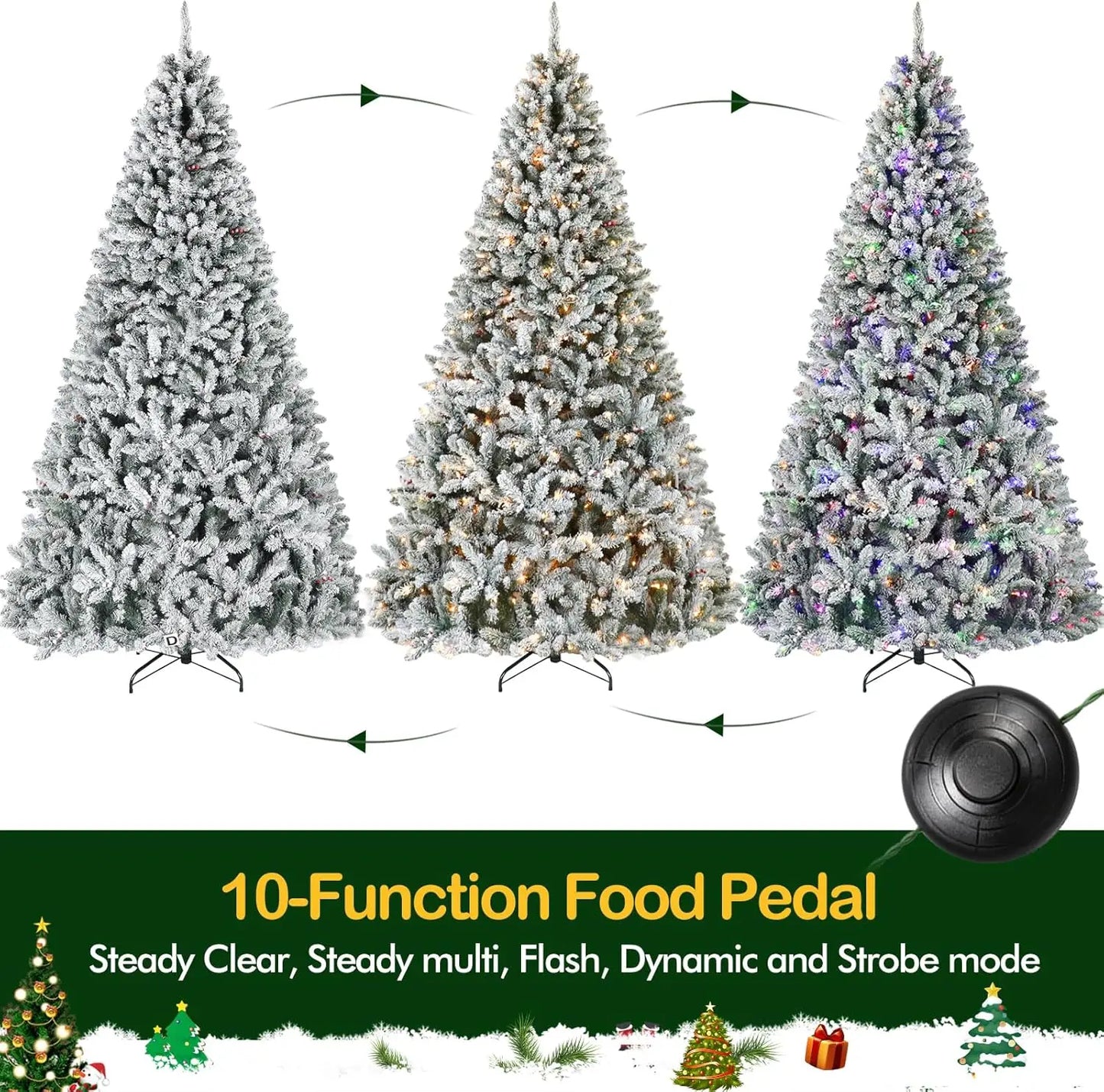 7.5 Pre Lit Snow Flocked Artificial Christmas Tree with Pine Cones and Berries, 450 Color Changing LED Lights Metal Stand