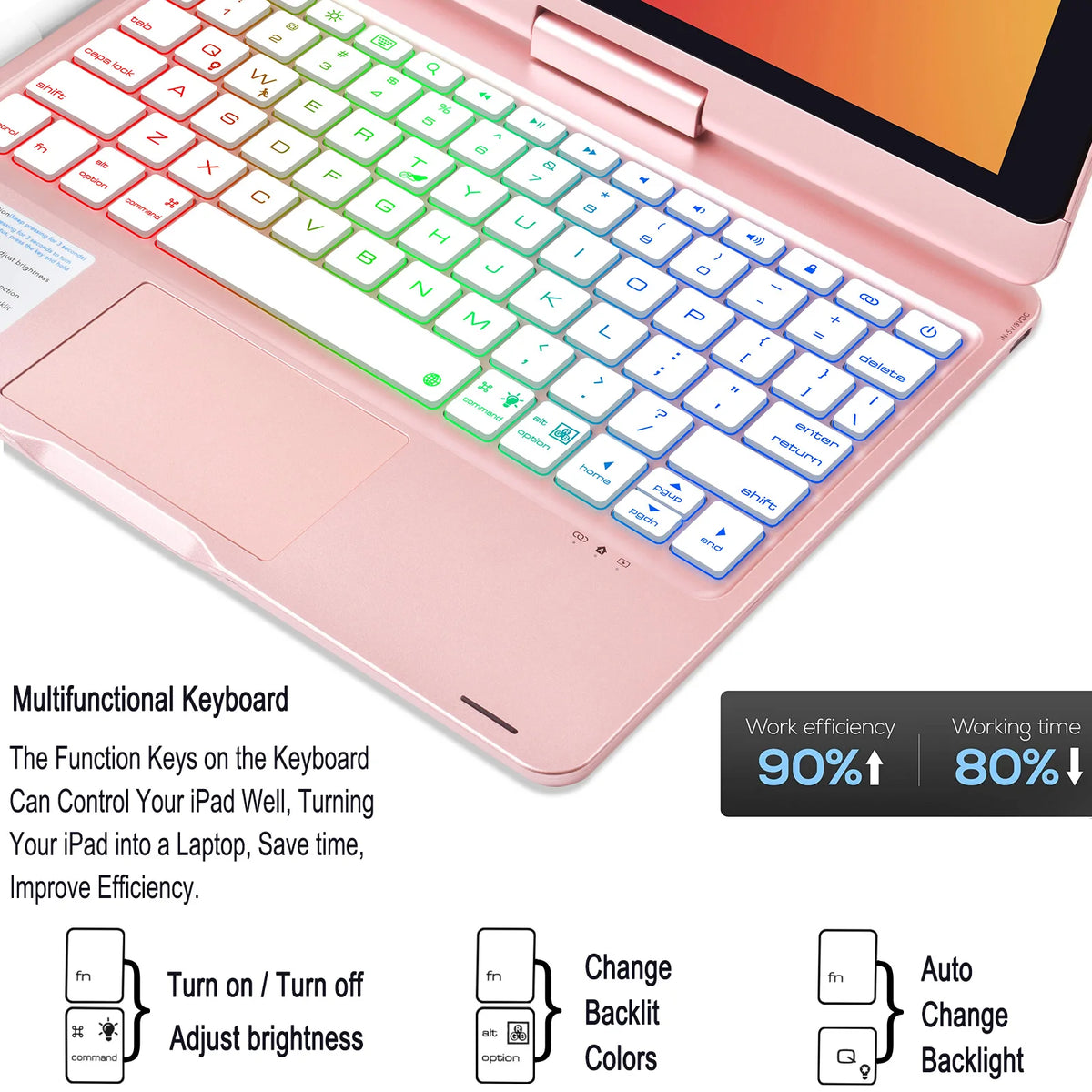 Rotatable Backlit Keyboard for iPad Touchpad Multi-color Rainbow Light Keypad Stand Case