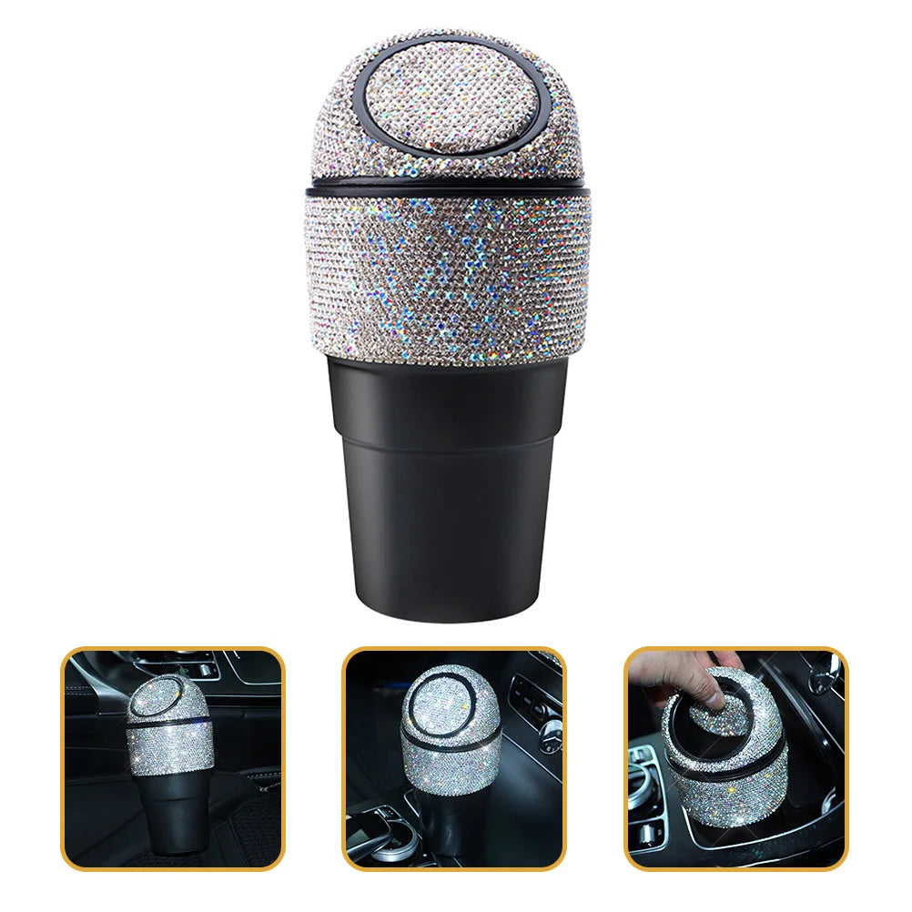 Car Can Trash Trash Canss Trashcan with Lid Bling Rhinestone Garbage Vehicle Center Console Abs