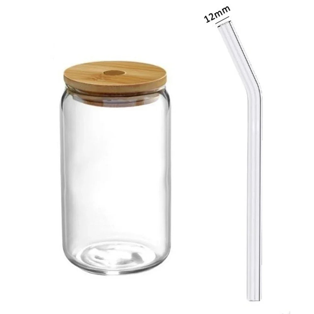 Glass Transparent Cup with Lid and Straw