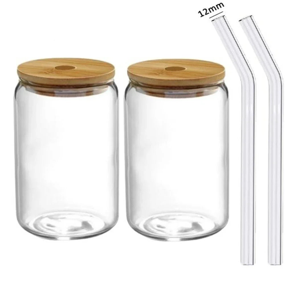 Glass Transparent Cup with Lid and Straw