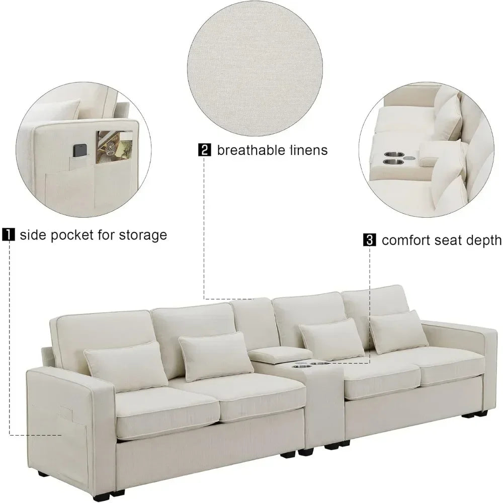 Upholstered Sofa with Console, Holders and USB Ports