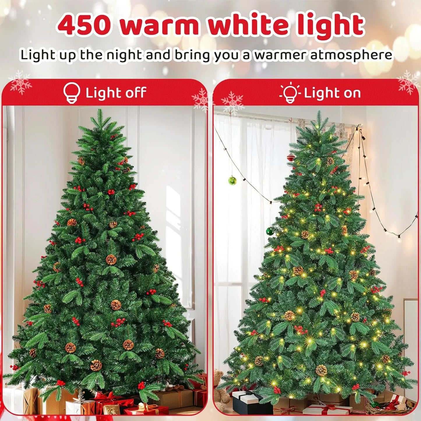 8ft Pre-Lit/Pre-Decorated Christmas Tree, Spruce Tree, w/1450 Branches, 47Pine Cones