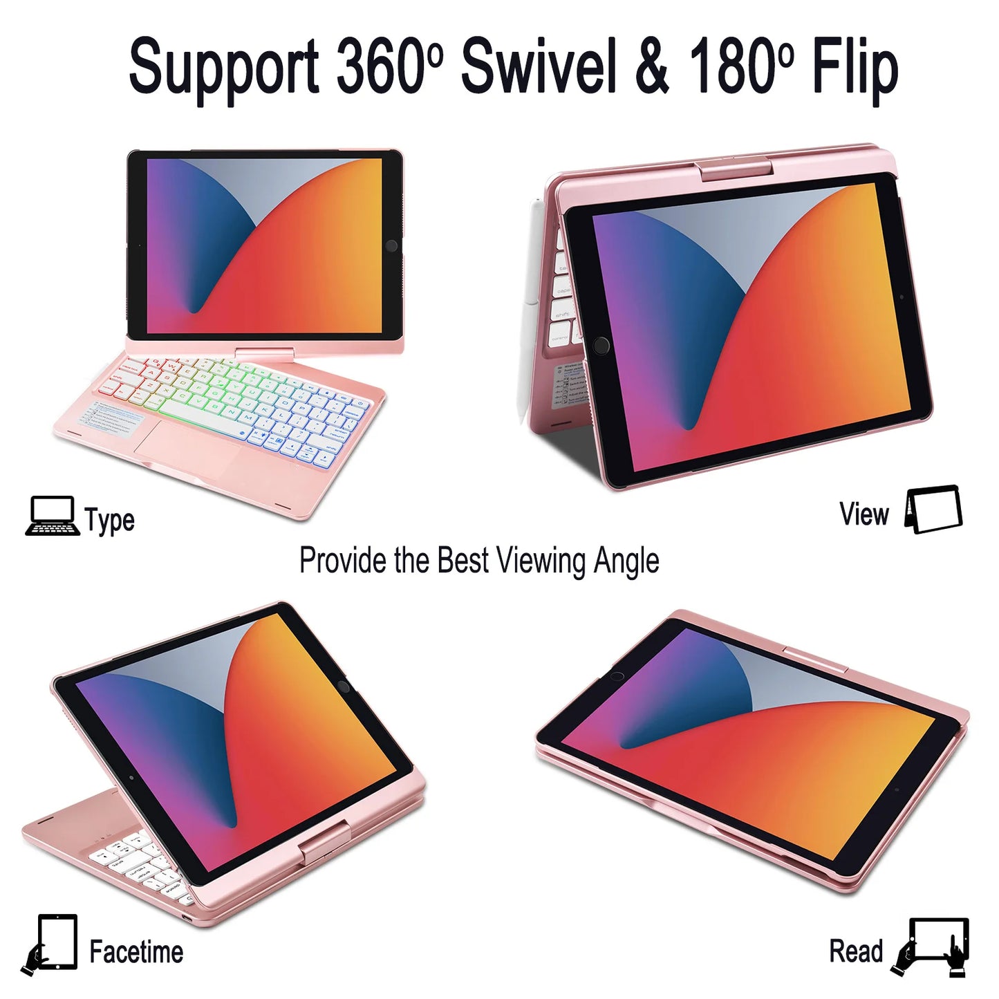 Rotatable Backlit Keyboard for iPad Touchpad Multi-color Rainbow Light Keypad Stand Case