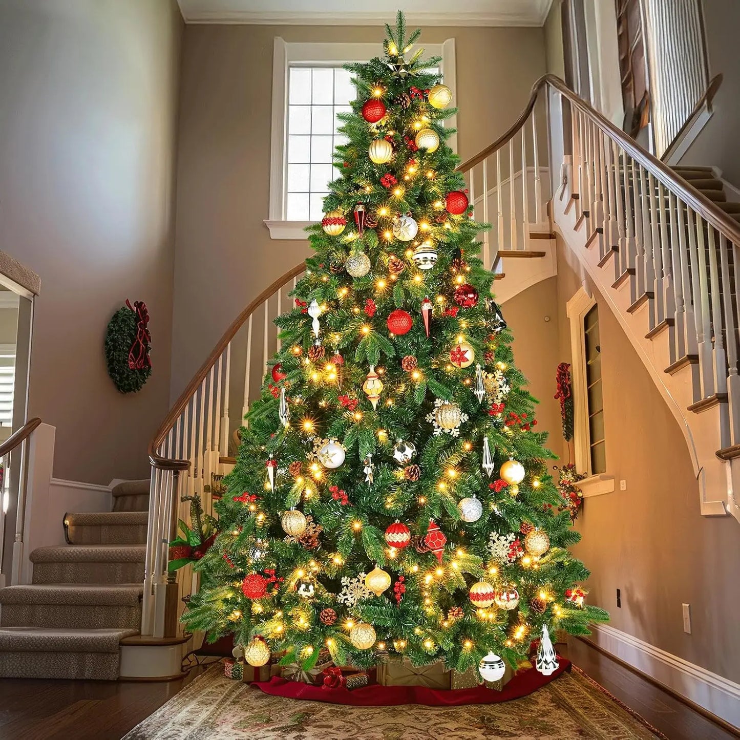 8ft Pre-Lit/Pre-Decorated Christmas Tree, Spruce Tree, w/1450 Branches, 47Pine Cones