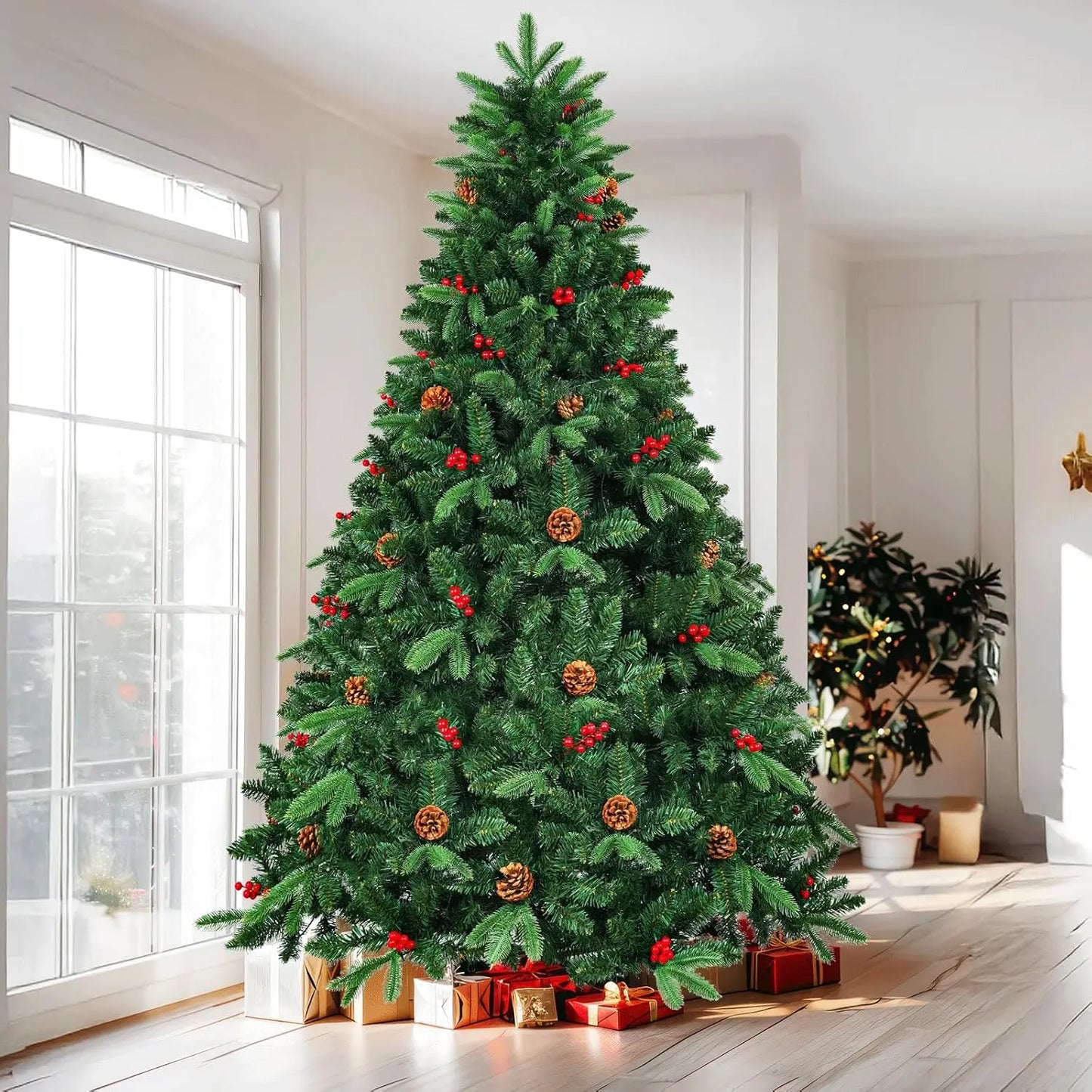 8ft Pre-Lit/Pre-Decorated Christmas Tree, Spruce Tree, w/1450 Branches, 47Pine Cones