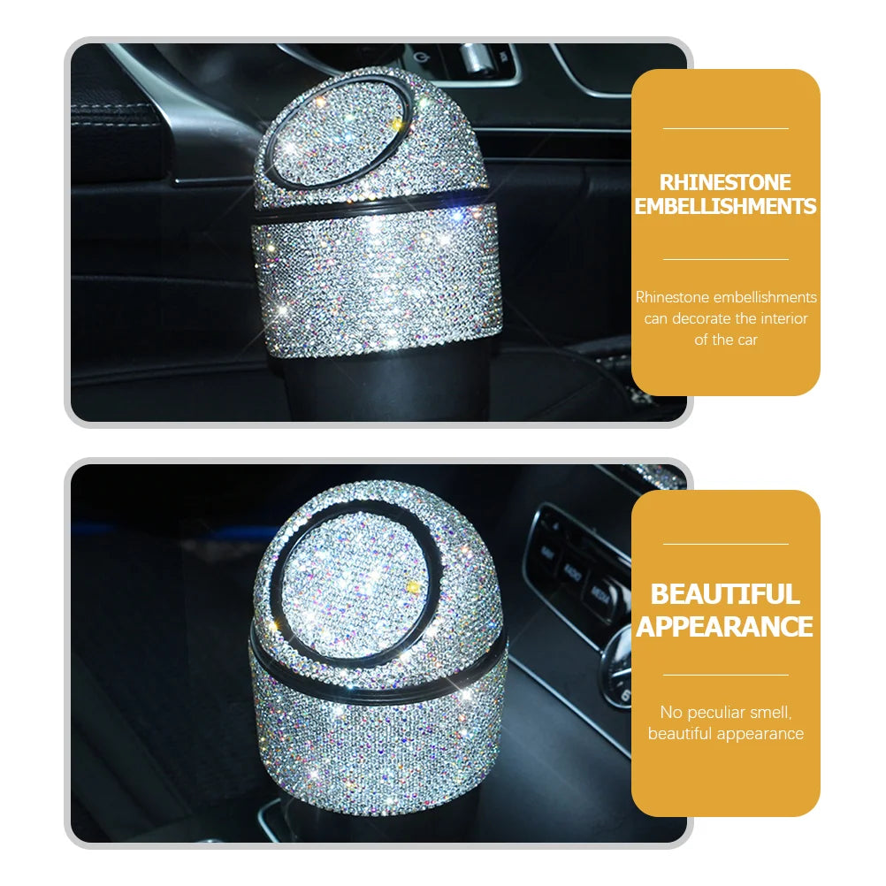 Car Can Trash Trash Canss Trashcan with Lid Bling Rhinestone Garbage Vehicle Center Console Abs