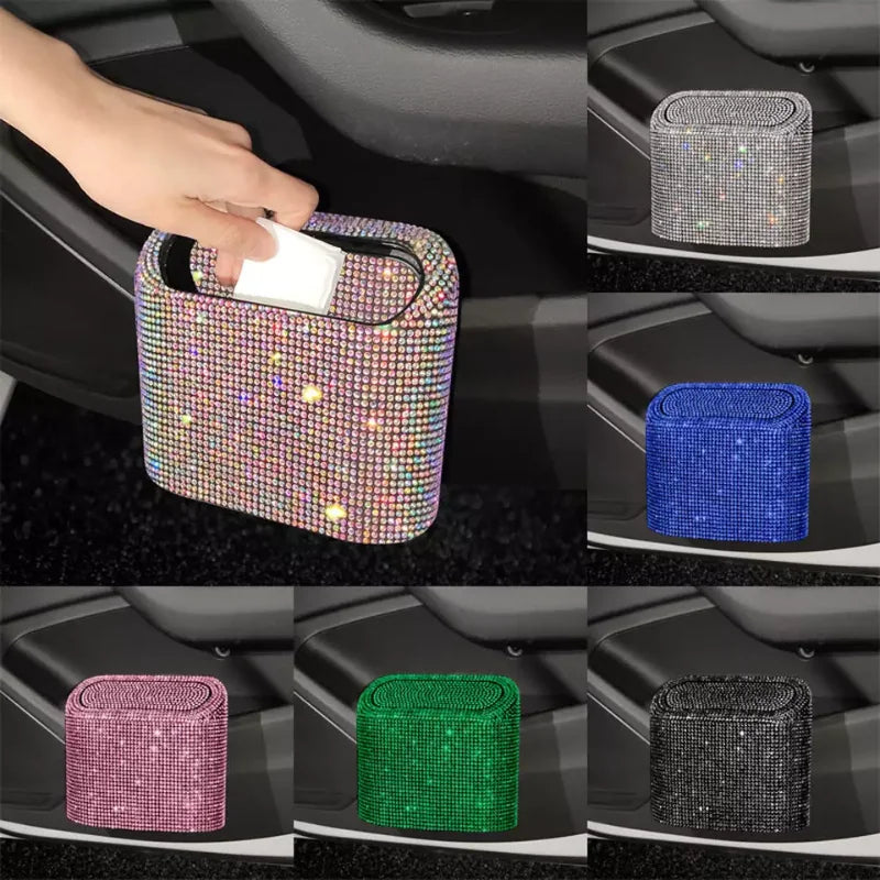 Luxury Trash Can Bin Car Storage Garbage Grabber Bling Diamond Square Pressing Car Trash Bin Car Interior Accessories