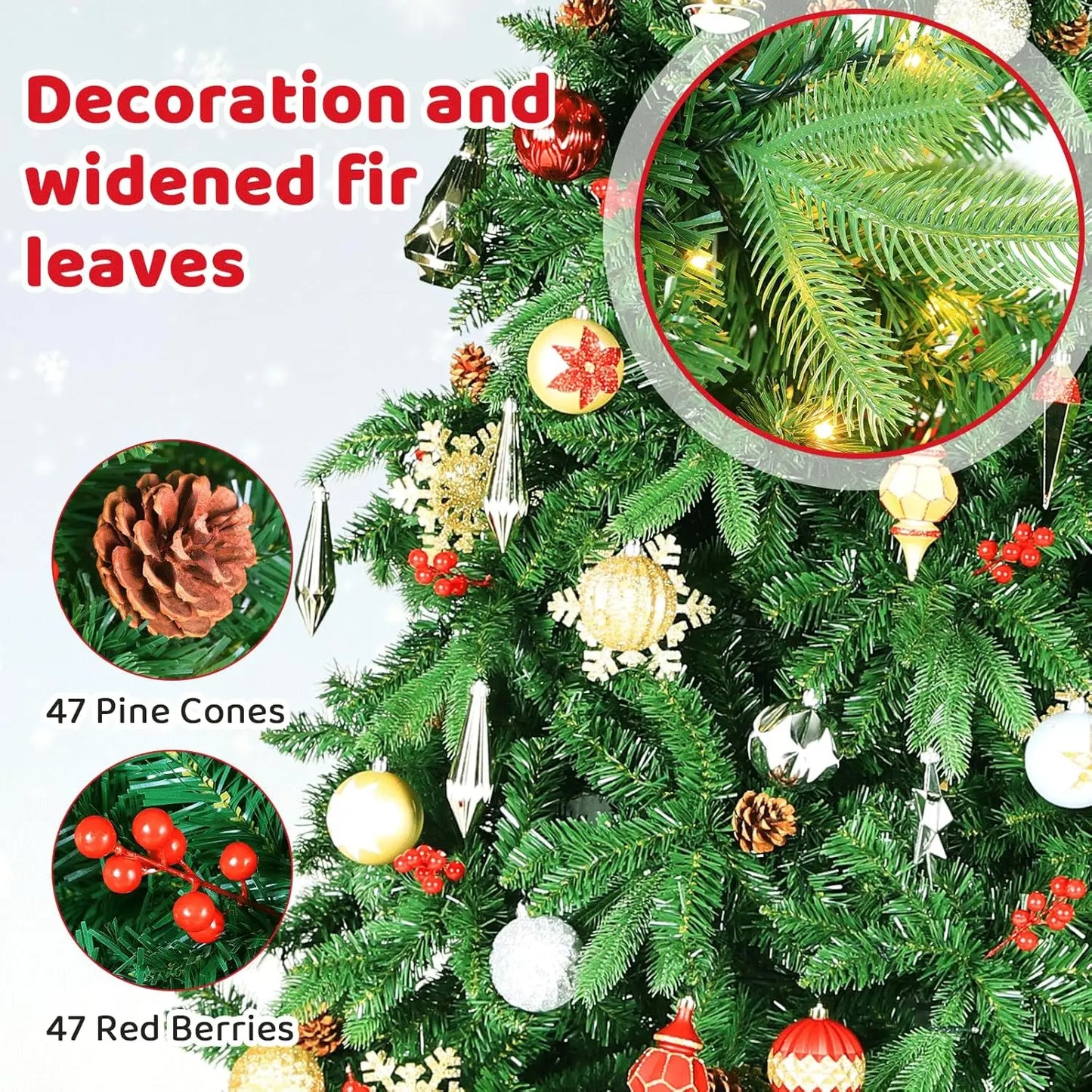 8ft Pre-Lit/Pre-Decorated Christmas Tree, Spruce Tree, w/1450 Branches, 47Pine Cones