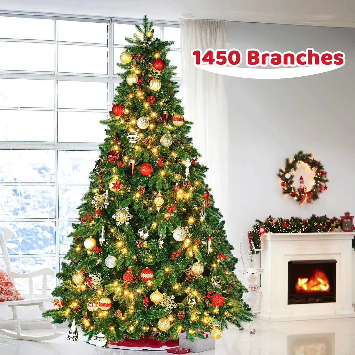 8ft Pre-Lit/Pre-Decorated Christmas Tree, Spruce Tree, w/1450 Branches, 47Pine Cones