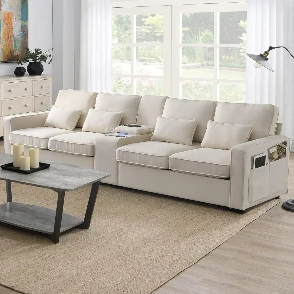 Upholstered Sofa with Console, Holders and USB Ports