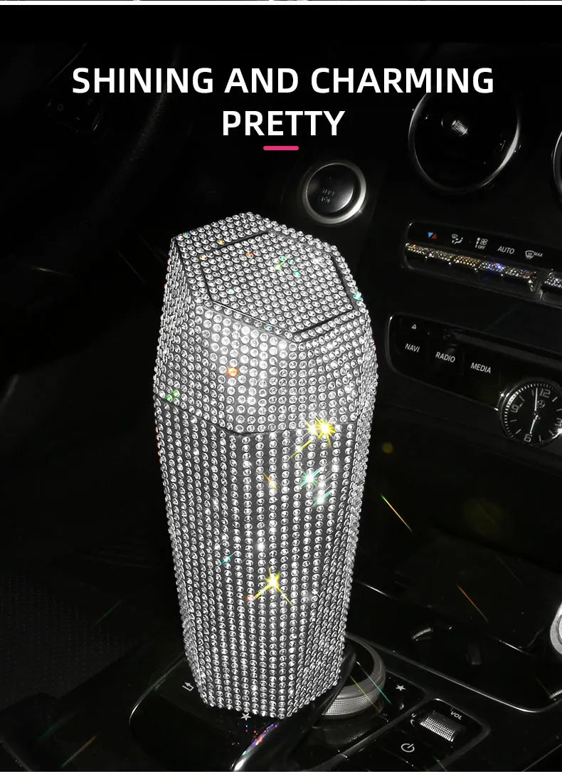 Bling Diamond Car Trash Can with Lid Portable Vehicle Garbage Can Bin Leakproof Auto Accessories for Car Office Home Bedroom