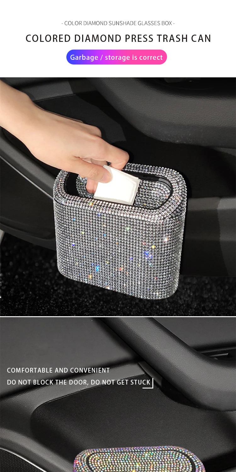 Luxury Trash Can Bin Car Storage Garbage Grabber Bling Diamond Square Pressing Car Trash Bin Car Interior Accessories