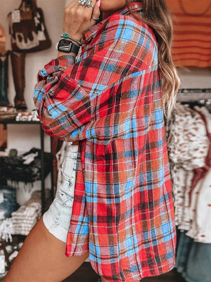 Plaid collared neck long sleeve shirt with pocket, red and blue check pattern.