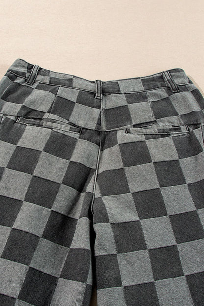 Dark grey checkered wide-leg denim jeans with bold style and relaxed fit