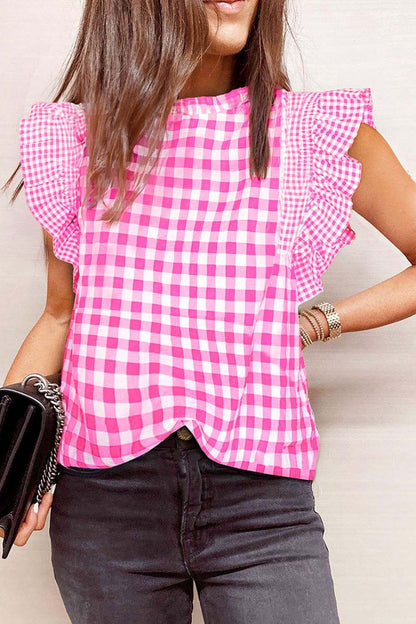 Checkered Ruffled Sleeve Front Pink 