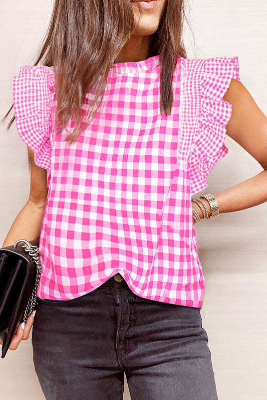 Checkered Ruffled Sleeve Front Pink 