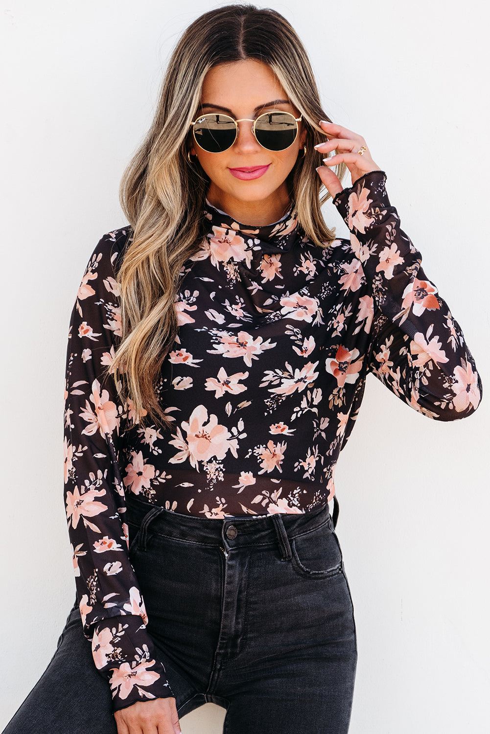 Black Floral Mesh Mock Neck