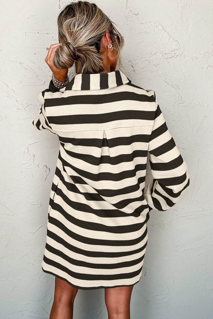 Striped Mini Dress with Johnny Collar, Long Sleeve, Back View, Chic Fashion Style