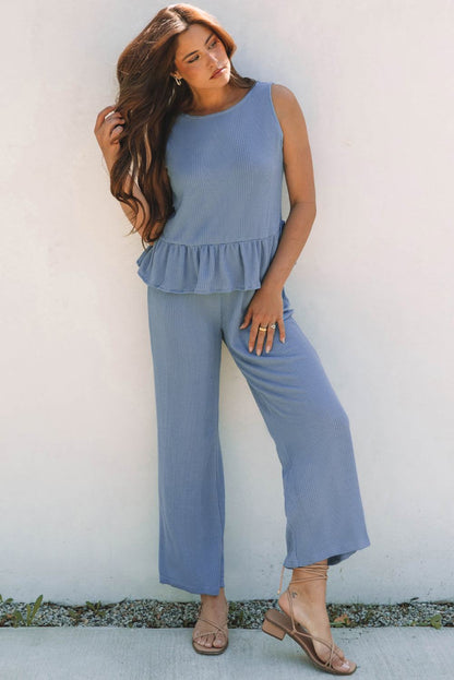 Ensemble débardeur et pantalon côtelés à volants de couleur unie bleu Beau