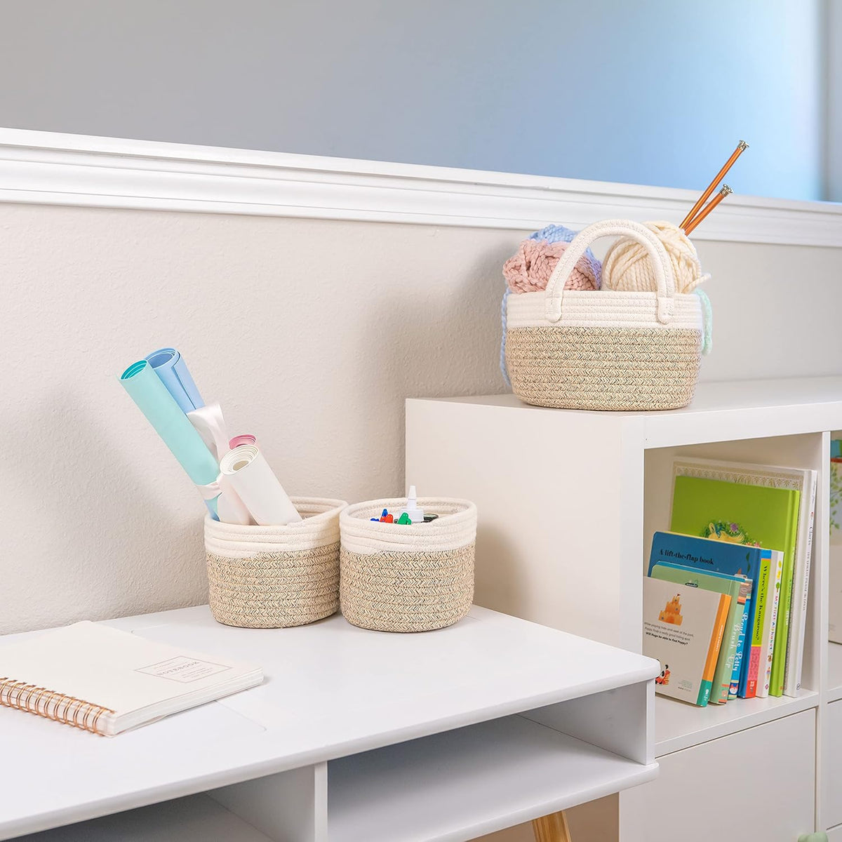 Brown Small Woven Baskets for Nursery Storage - Toy Basket Organizer - Baby Changing Basket - Storage Baskets for Shelves - Set of 3 Cotton Rope Baskets with Handles - round Towel Baskets